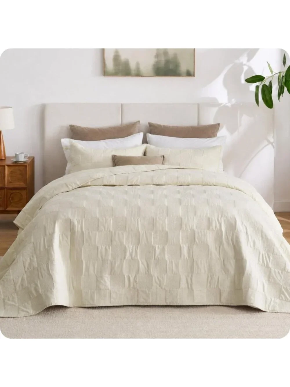 100% Cotton King Quilt Set, Checker Pattern, Soft Beige Comforter for Cozy